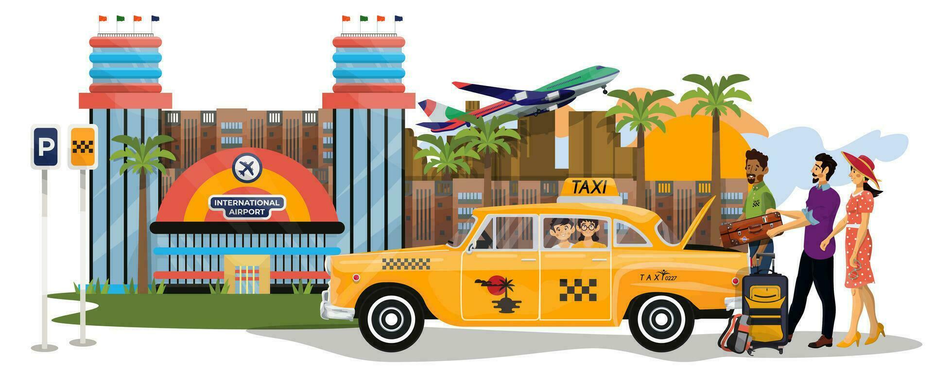 Vector illustration of happy family go on a retro taxi on holiday. Black Taxi Driver helps a family