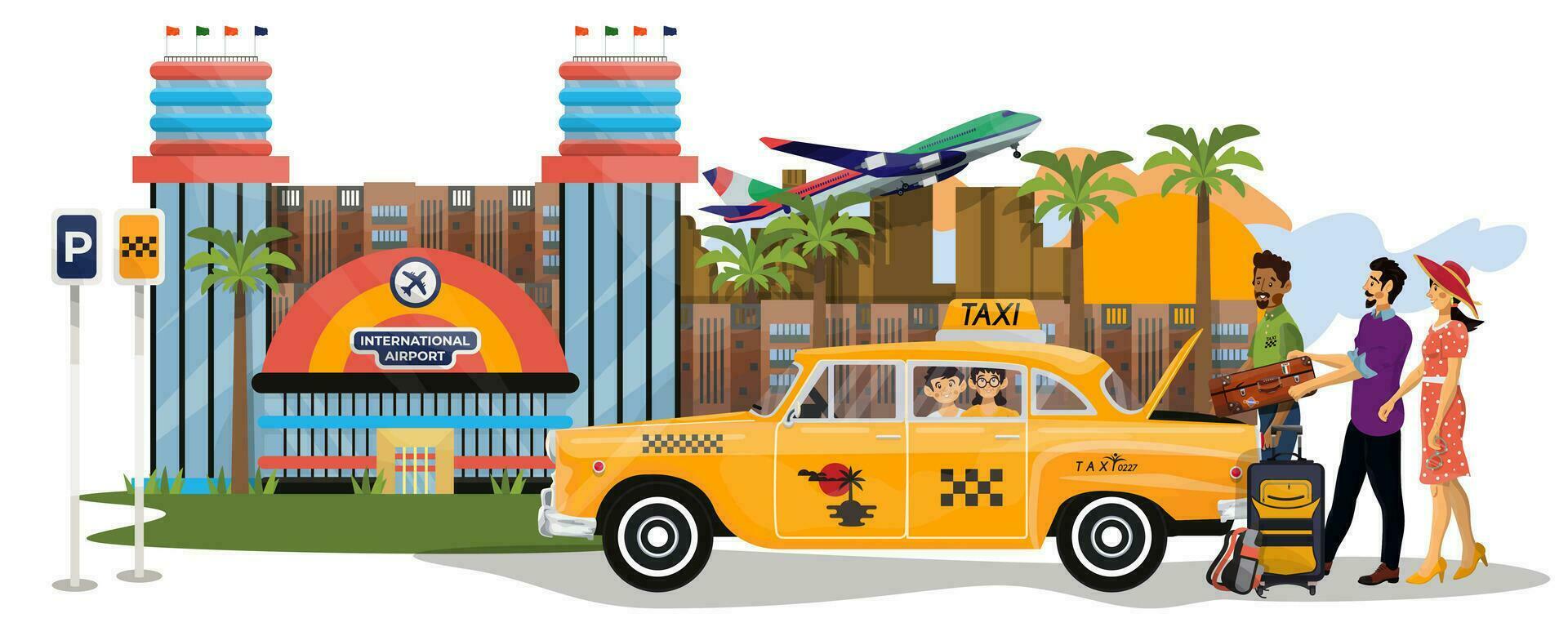 vector ilustración de contento familia Vamos en un retro Taxi en día festivo. negro Taxi conductor ayuda un familia