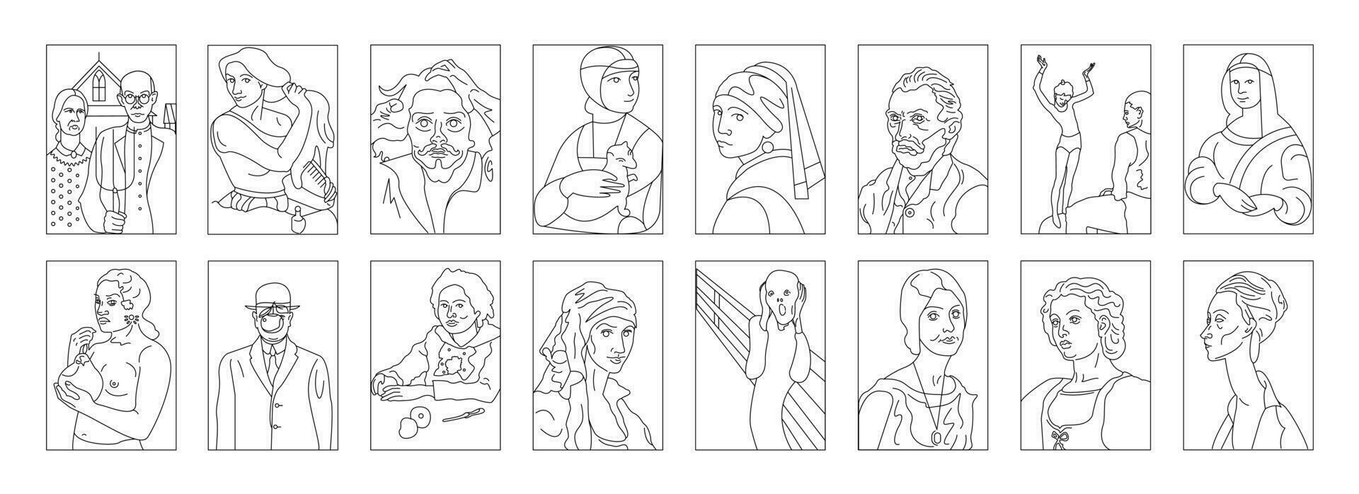 Collection of linear illustrations of vintage paintings vector