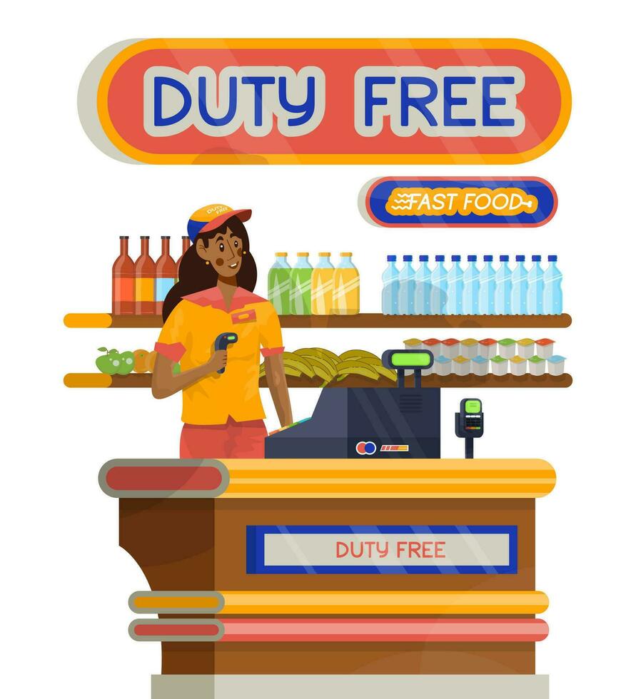 Vector illustration of Duty Free Shop and cafe in an airport or shopping mall on white background.