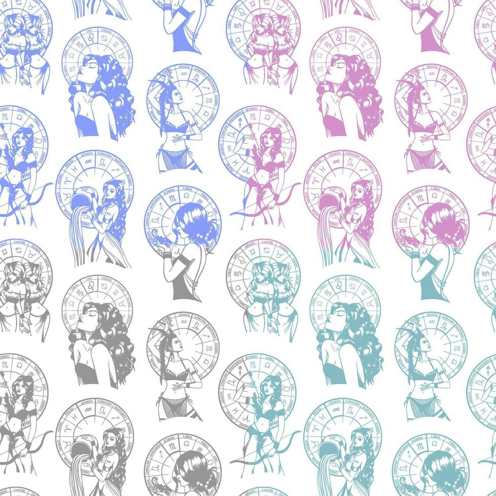 Set of seamless patterns with hand drawn monochrome arts of beautiful woman with astrological signs. vector
