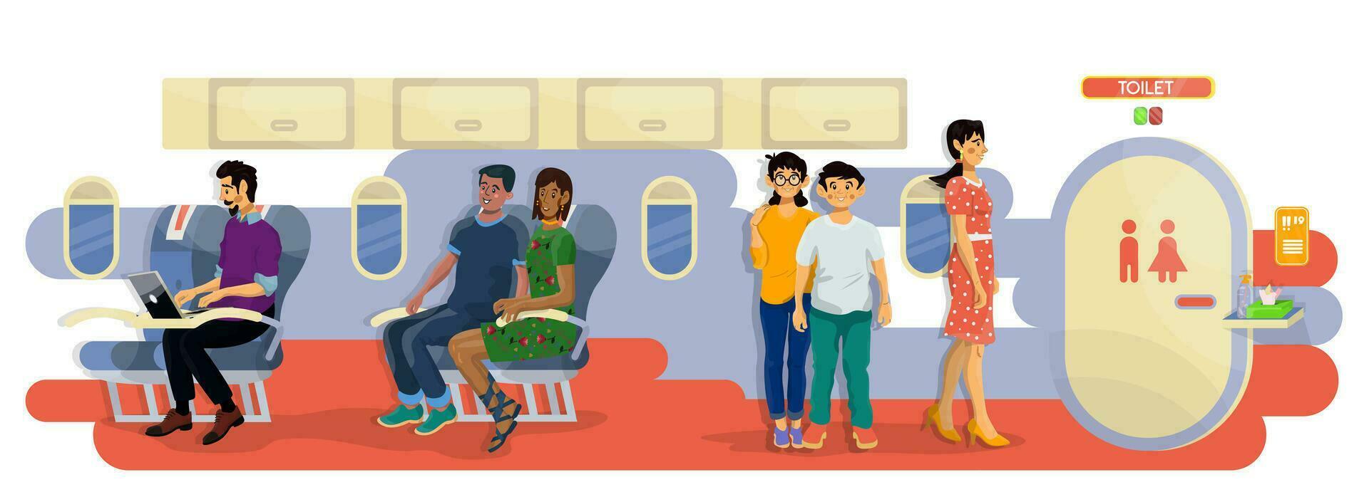 vector plano ilustración de pasajeros en un cabina de un avión en un cola a baño durante el vuelo.
