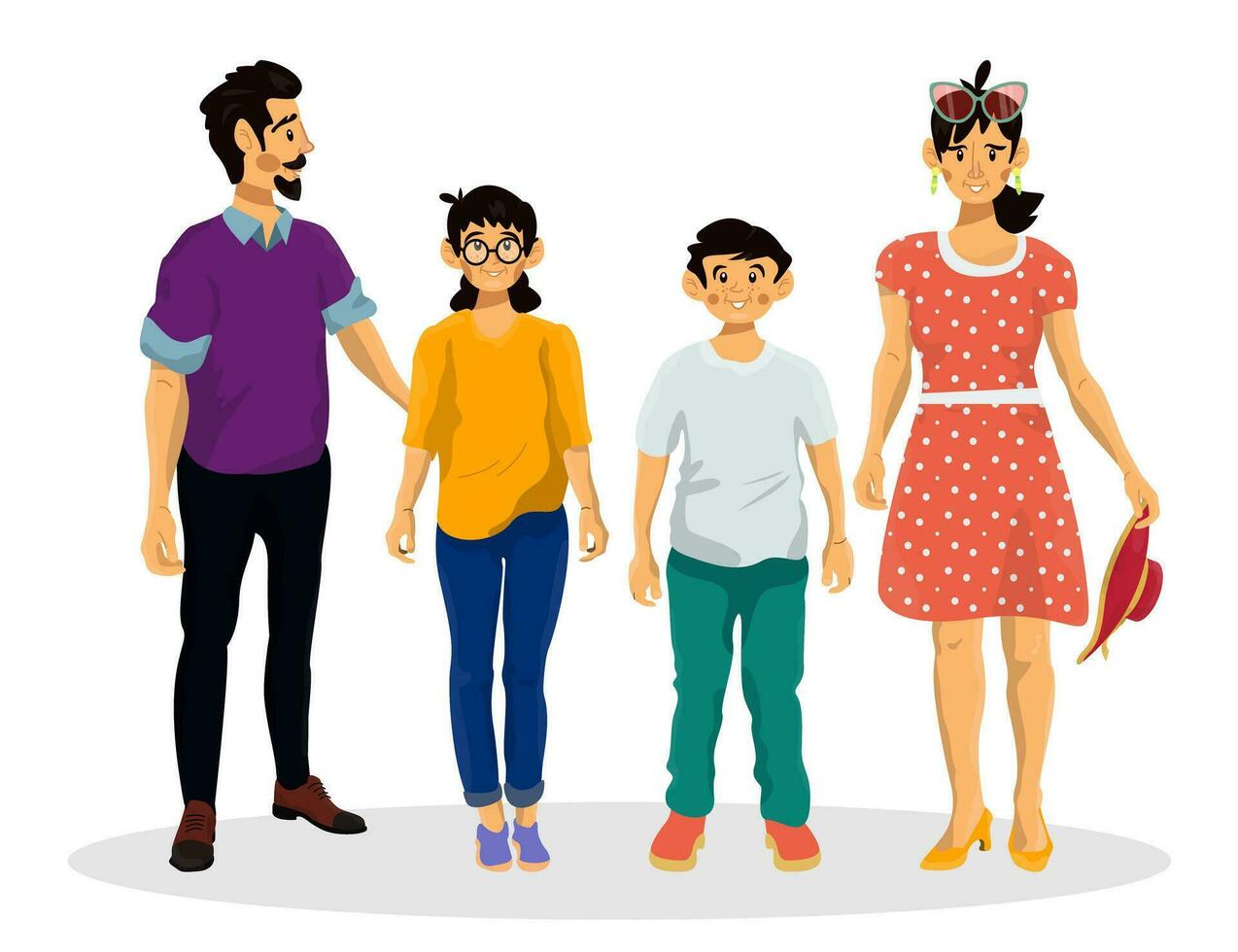 Vector cartoon illustration of happy family. Dad, mom, and their children son and daughter.