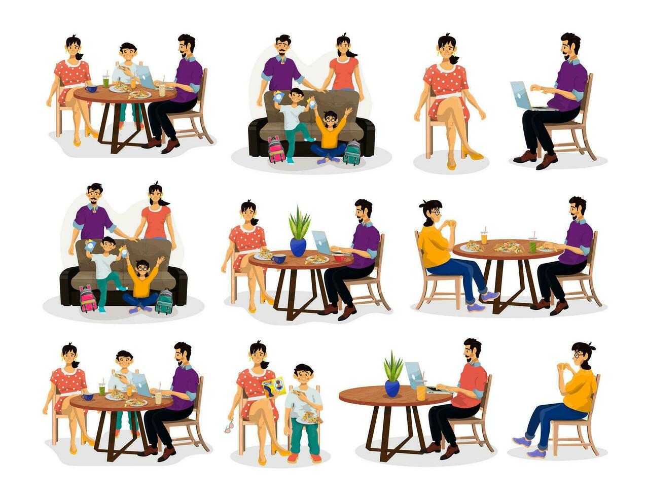 Big collection of people and characters. Situations with happy family at the table and on the sofa. vector