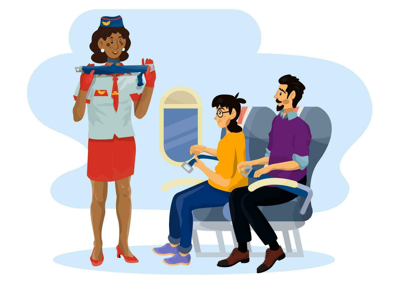 vector ilustración de mujer azafata quien muestra cómo a sujetar tu asiento cinturón en un cabina en un avión