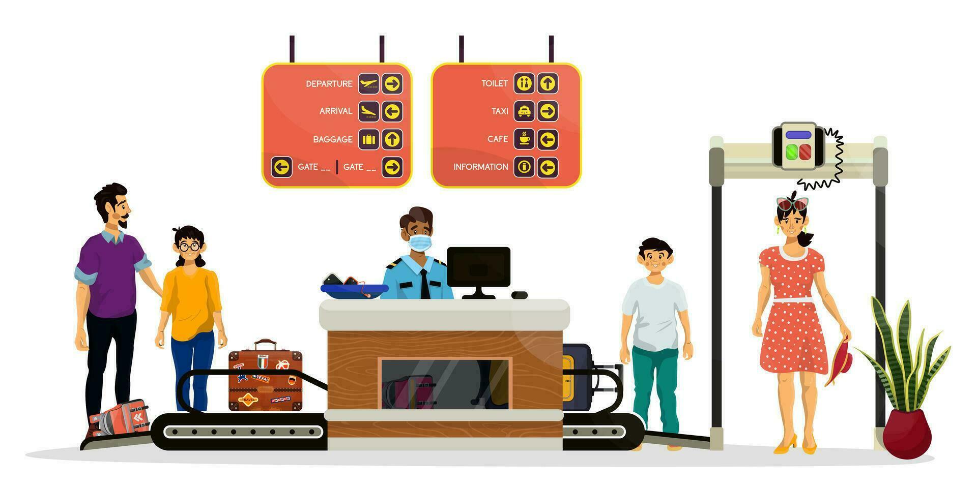 Cartoon illustration of airport inspection process. Vector concept of check equipment and people.
