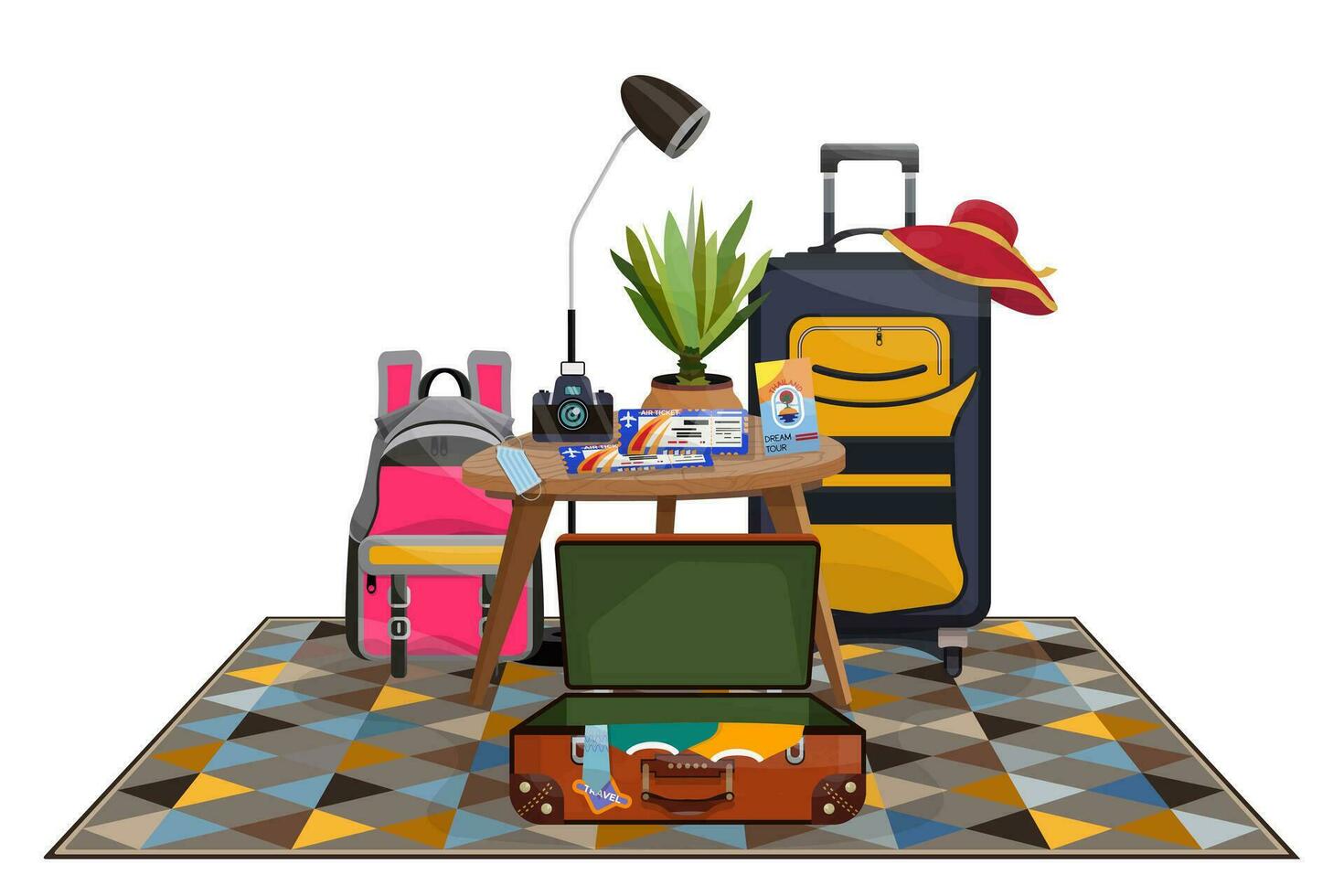 Illustration of collecting things for vacation. Backpack and open suitcases on a carpet. vector