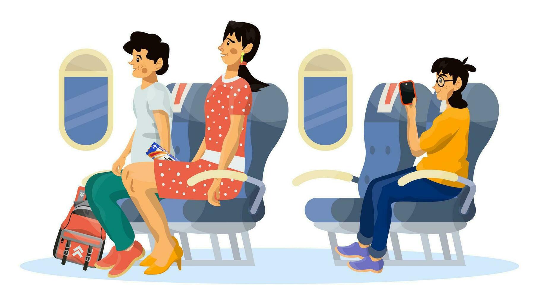 Vector flat illustration of passengers in a cabin of plane during the flight.