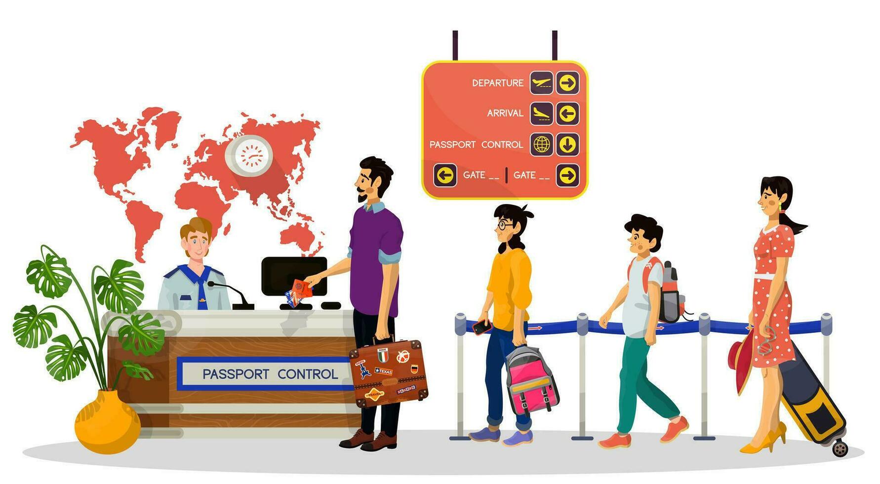 vector ilustración de pasaporte y frontera control. familia en pie en cola.