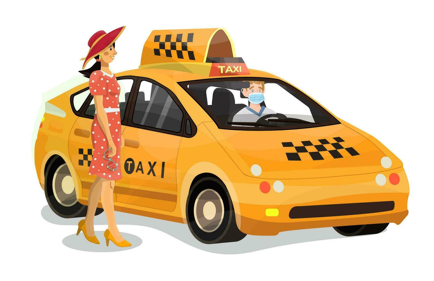 Illustration of modern urban taxi with taxi driver and passenger on a white isolated background. vector