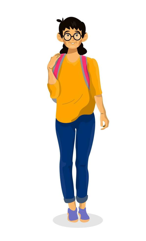 Vector cartoon illustration of school girl with backpack. Cute funny character on white background.