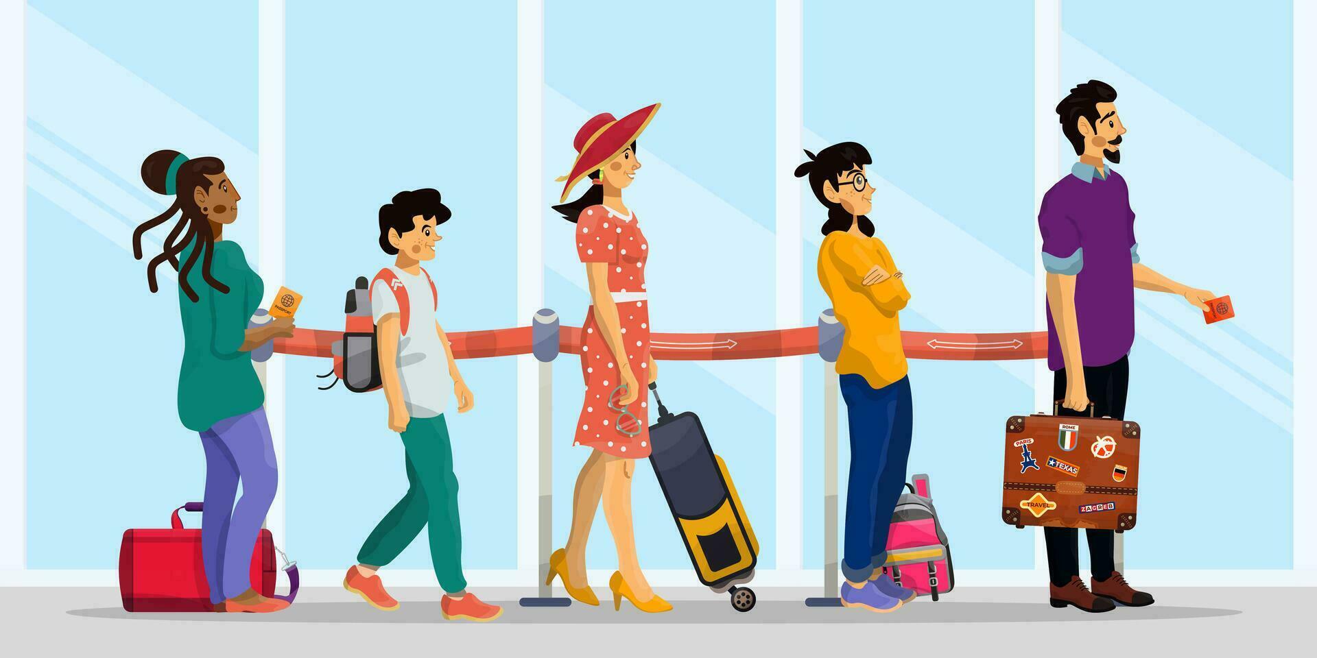 Vector cartoon illustration of queue in airport or railway station. Family concept.