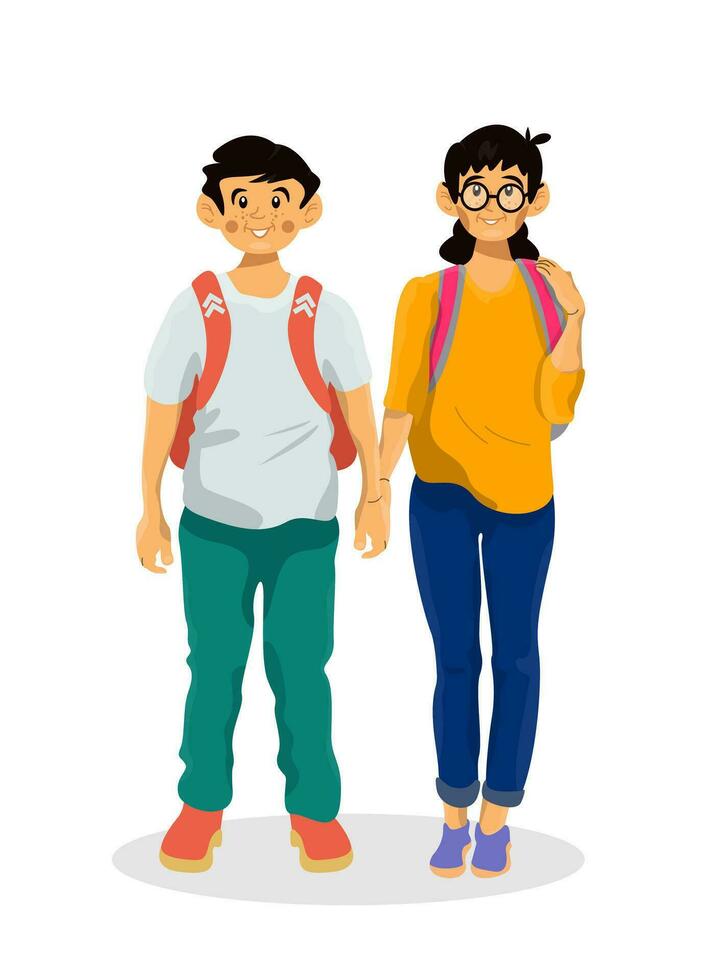 Vector cartoon illustration of school children holding hands on a white isolated background.