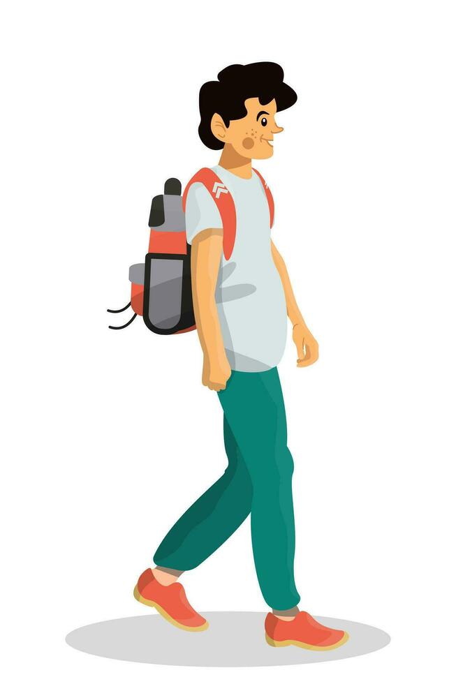 Vector cartoon illustration of boy character in airport on white background.