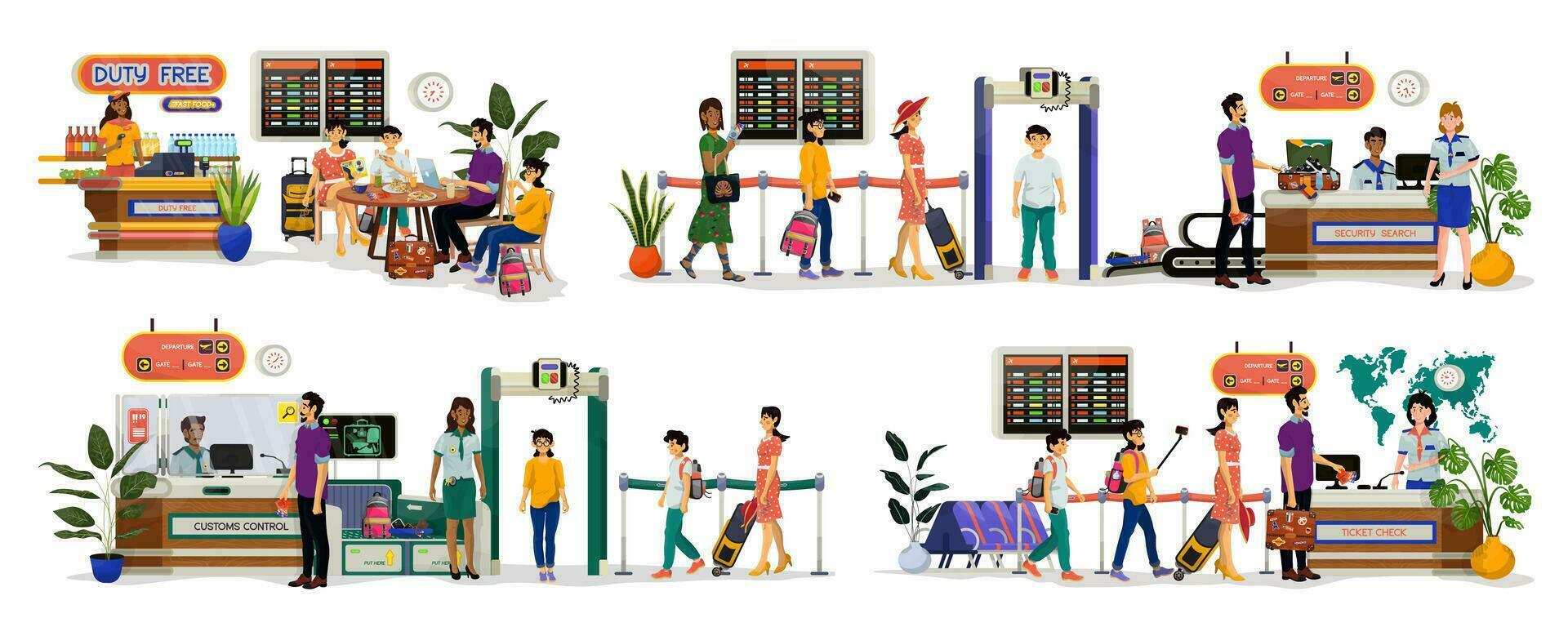 Collection of vector flat illustrations of duty free, security search, customs and ticket check.