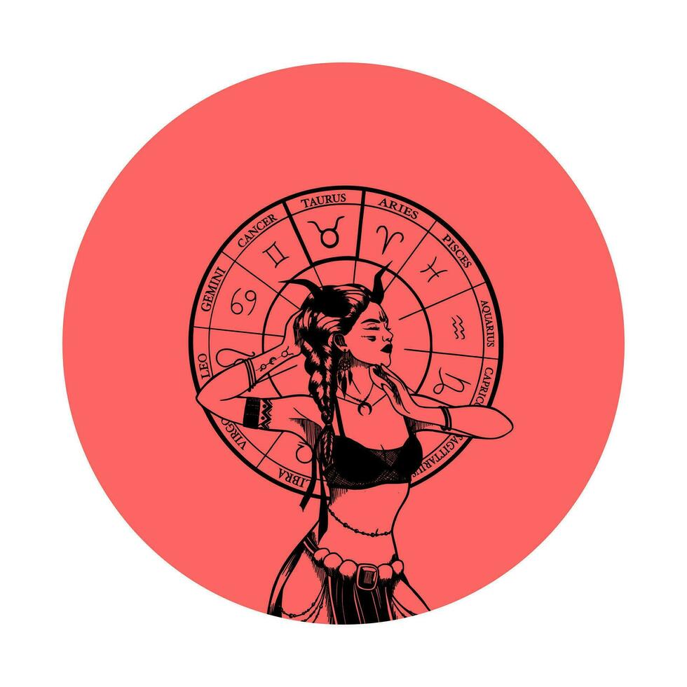 Vector monochrome symbol or icon with astrological sign and romantic beauty woman. Zodiac art.