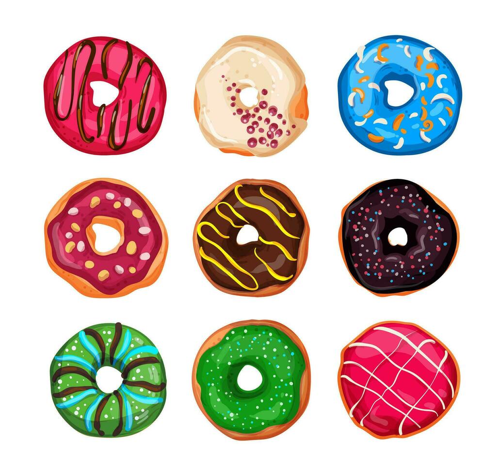 Collection of vector illustrations of bright and appetizing donuts