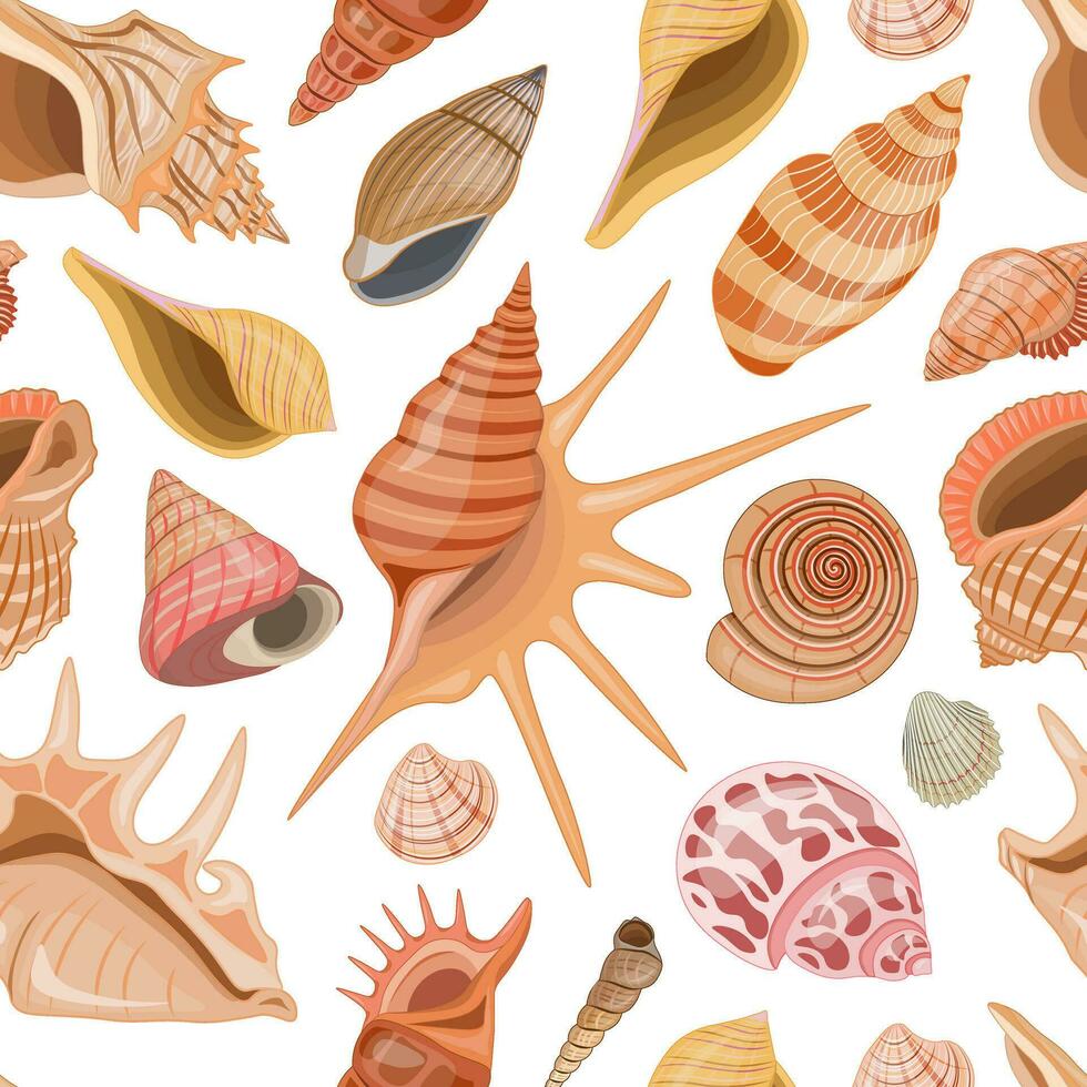 Vector seamless pattern with sea, ocean theme. Wallpaper with colorful seashells and undersea world.