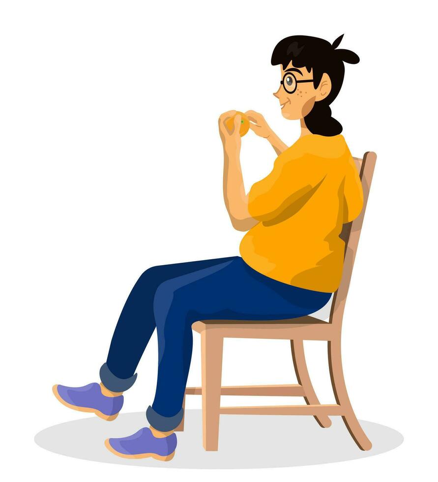 Vector cartoon illustration of girl vegan sitting on chair and peels an orange on white background.