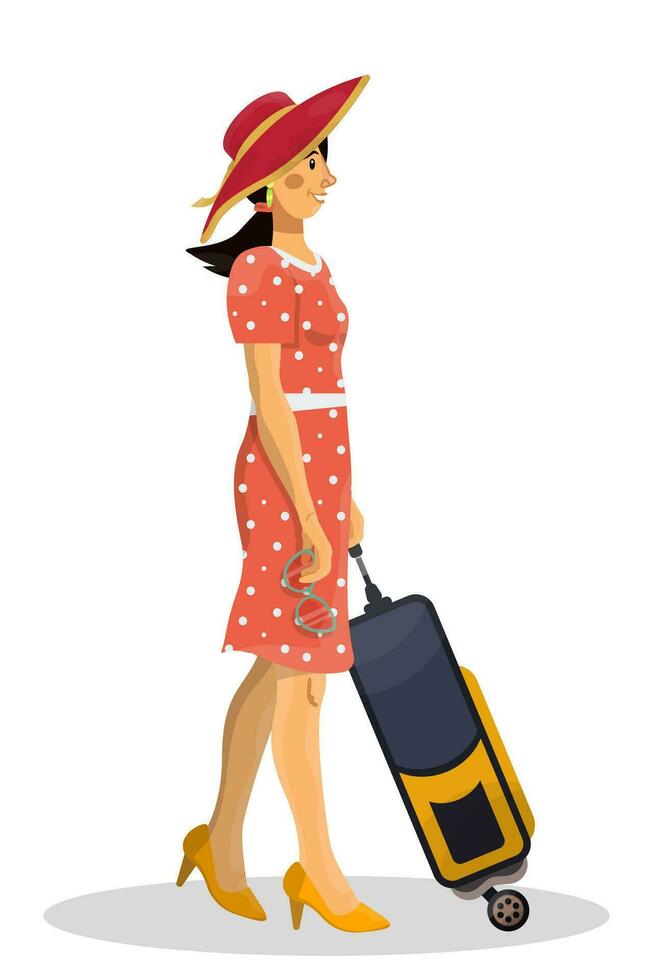 Vector cartoon illustration of woman or girl character in airport on white background.