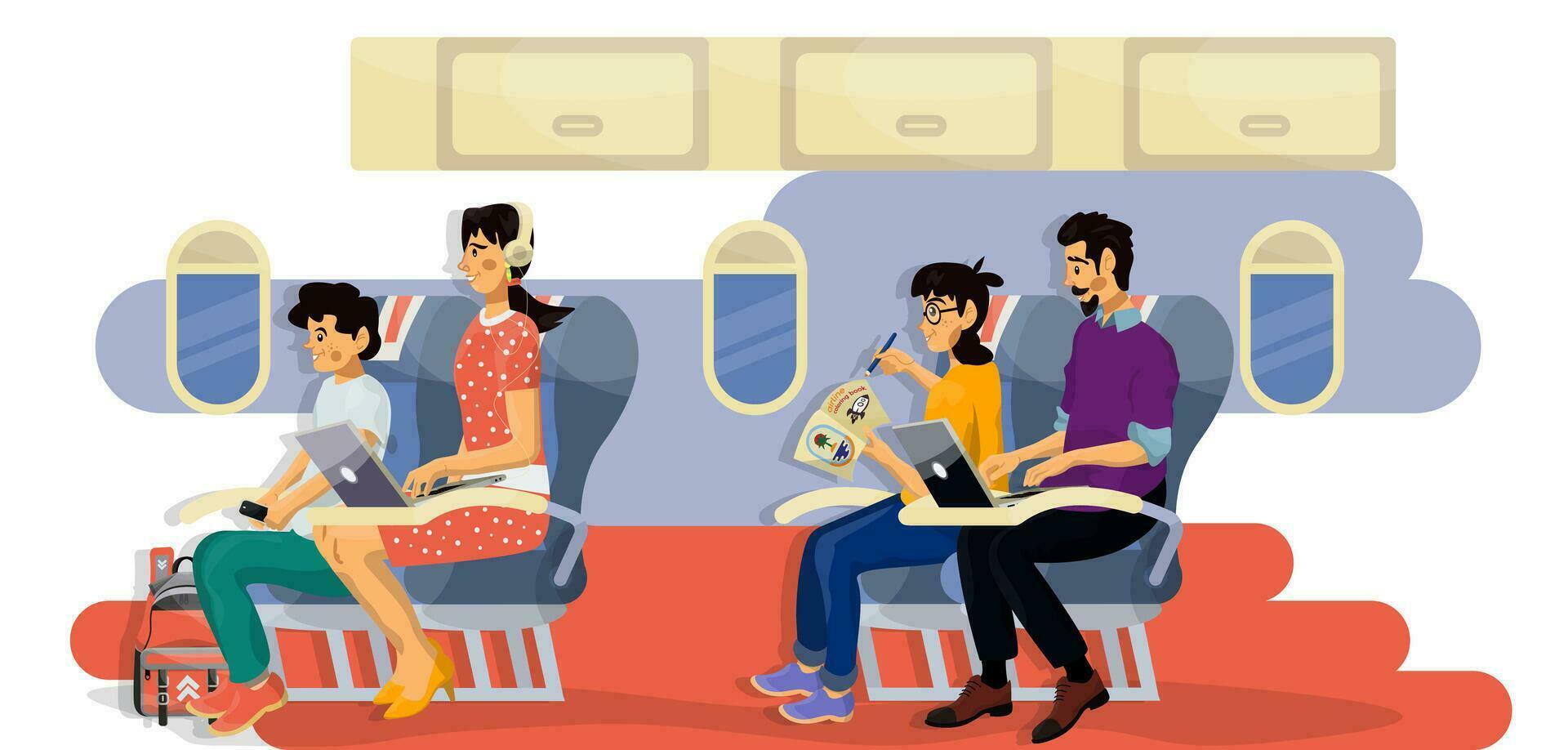 Vector flat illustration of passengers in a cabin of plane during the flight.