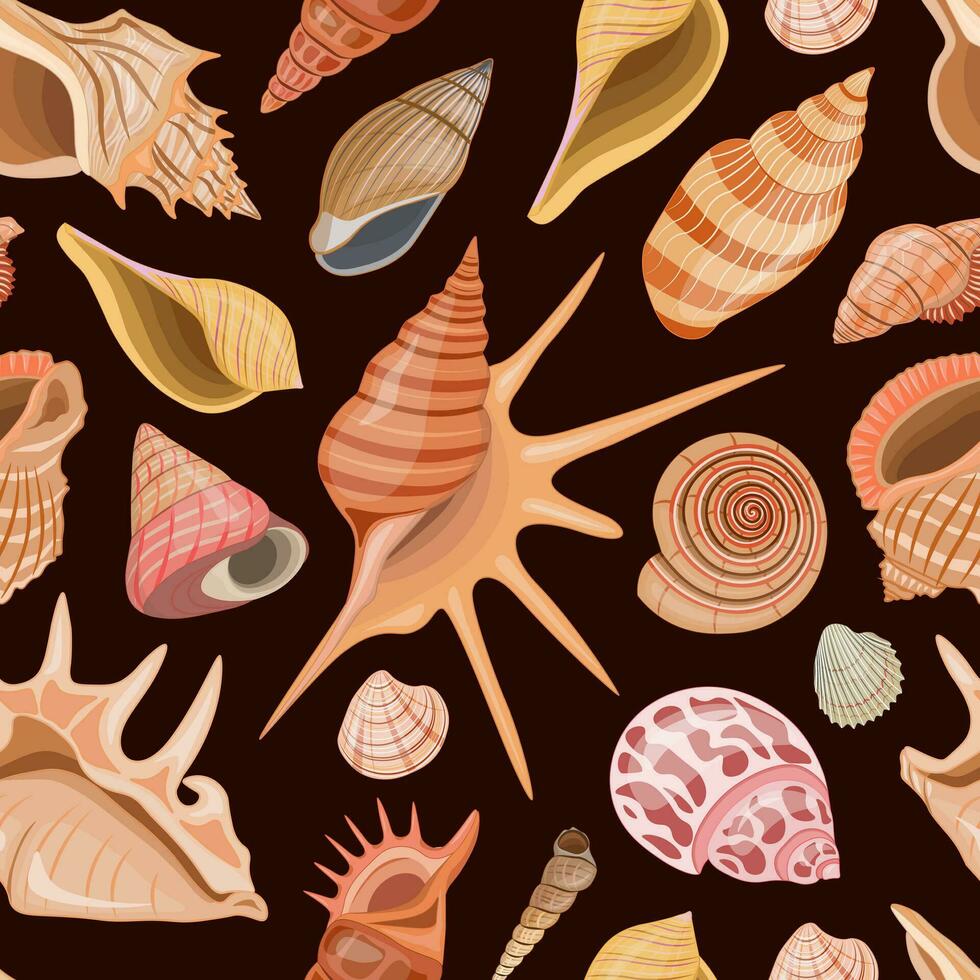 Vector seamless pattern with sea, ocean theme. Wallpaper with colorful seashells and undersea world.