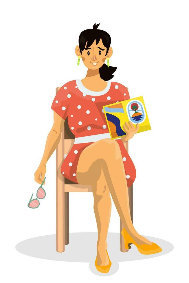 Cartoon illustration with woman sitting and reading travel brochure on white isolated background. vector