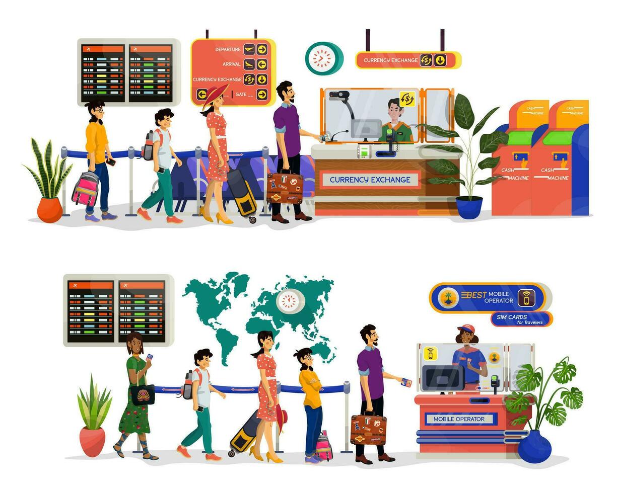 Vector cartoon illustrations of desk with woman seller of sim cards