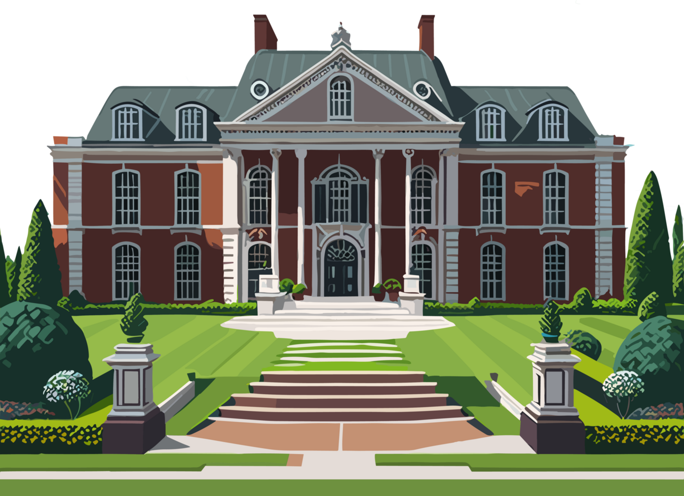 A wonderful and elegant front view of school facade with its spacious courtyard covered with green grass. illustration., ai generated png