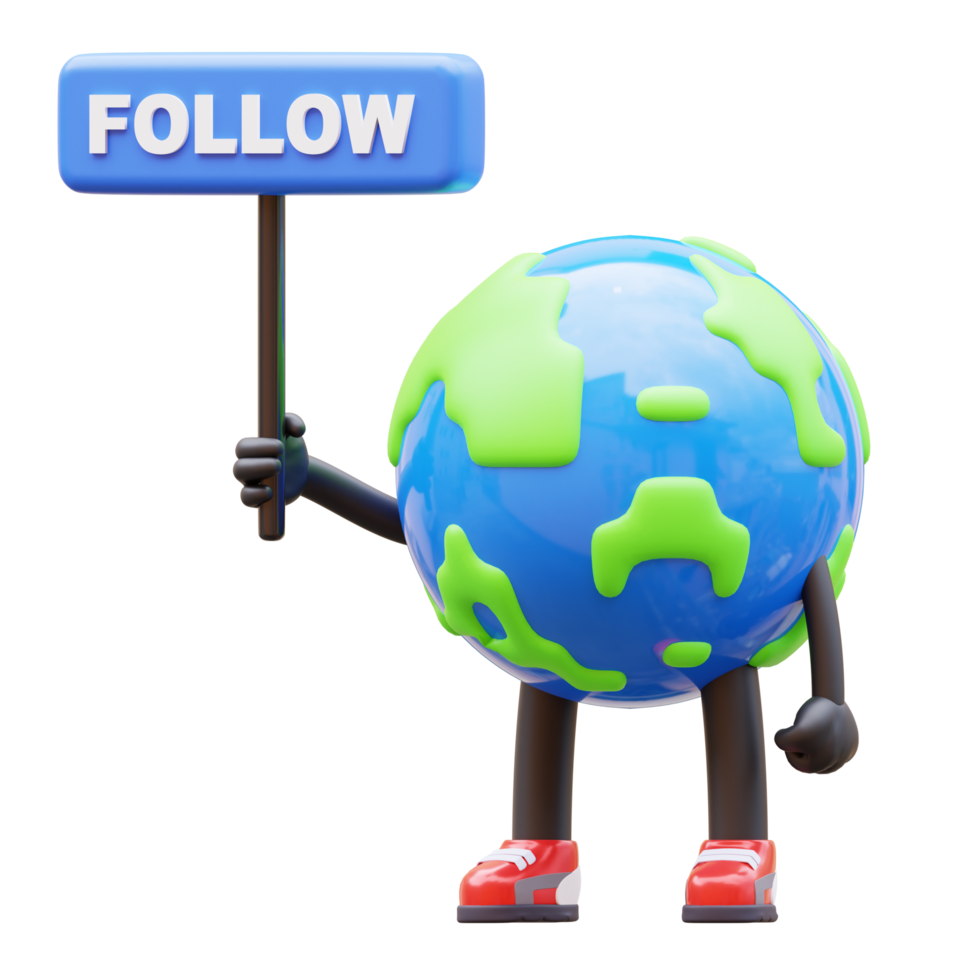 3D Earth Character Holding Follow Sign png