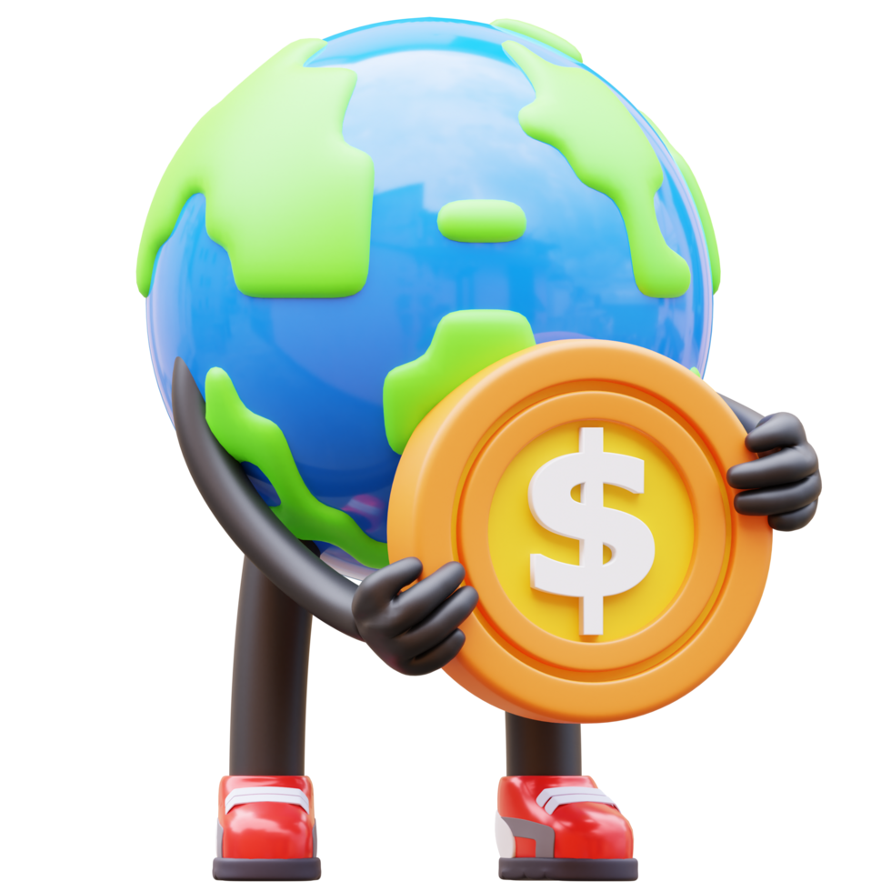 3D Earth Character Holding Coin png