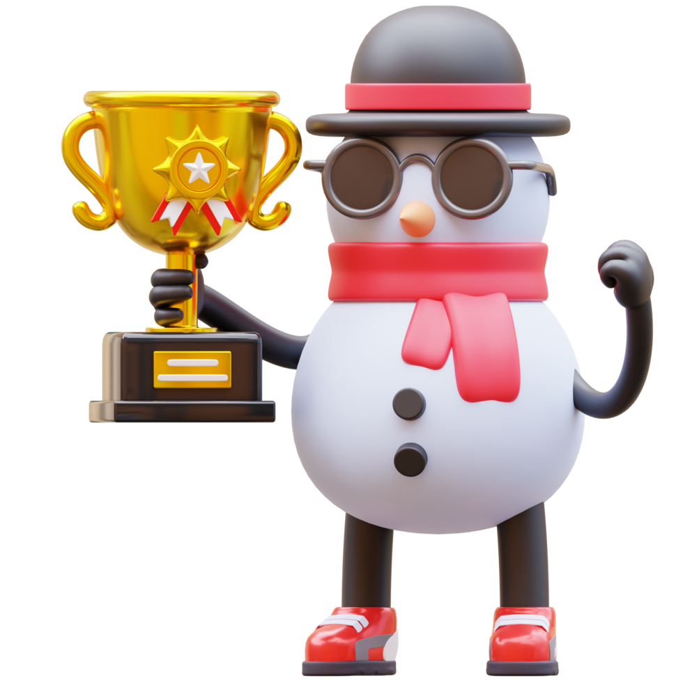 3D Snowman Character Holding Trophy png