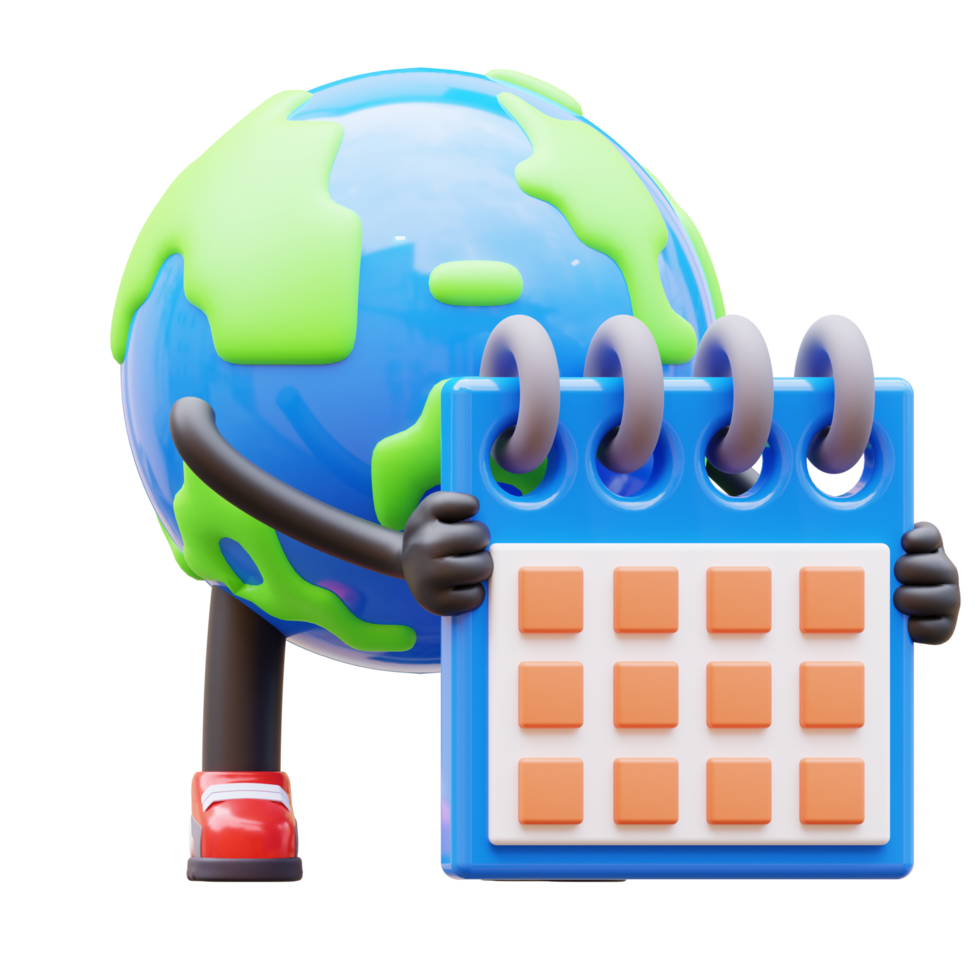 3D Earth Character Holding Calendar Planning Schedule png