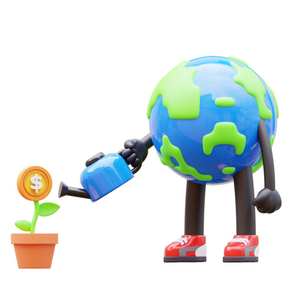 3D Earth Character watering money plant for Investment png