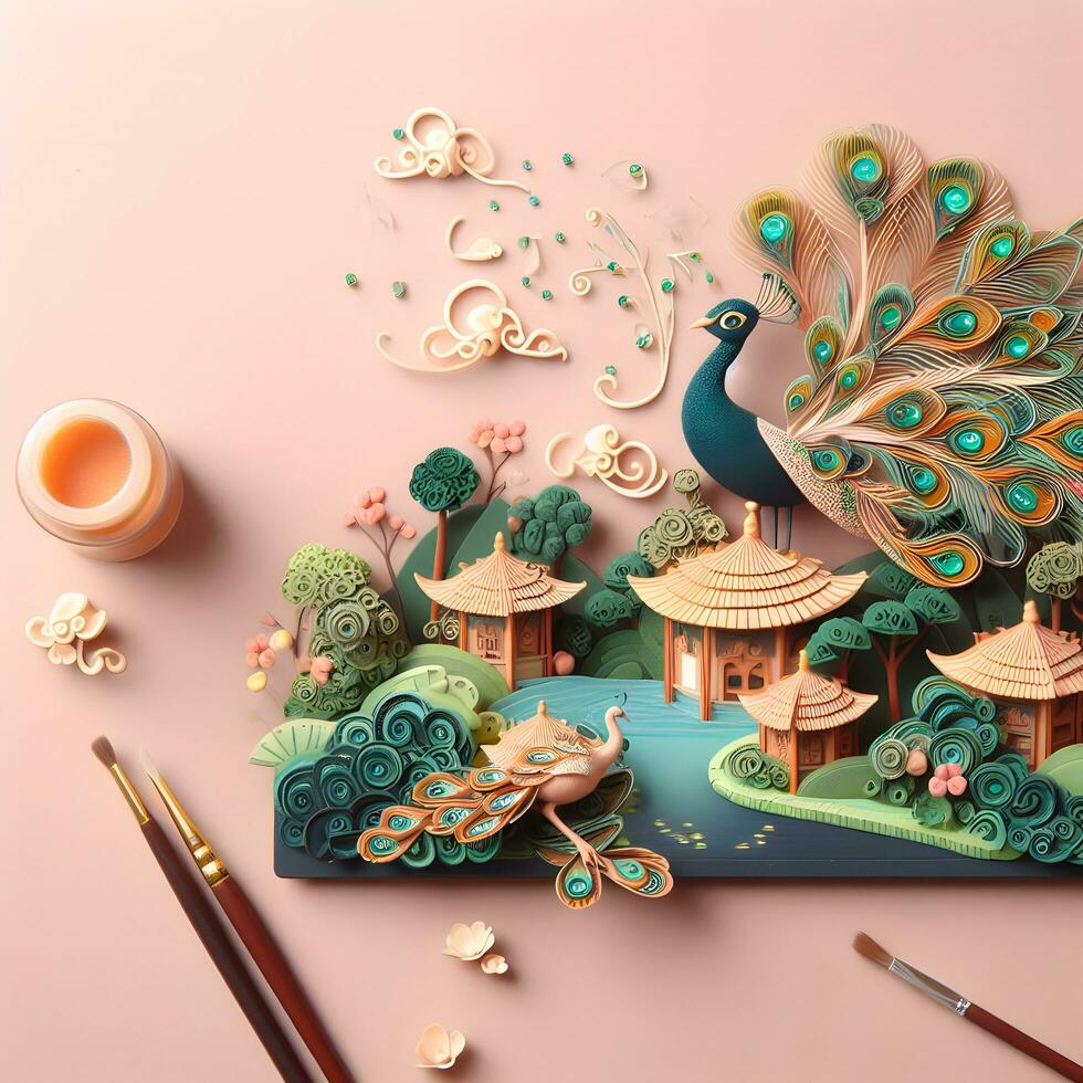 Symphonic Plumes, Envision a World Where Peacocks Paint the Sky with Tranquil Tunes. AI Generated photo