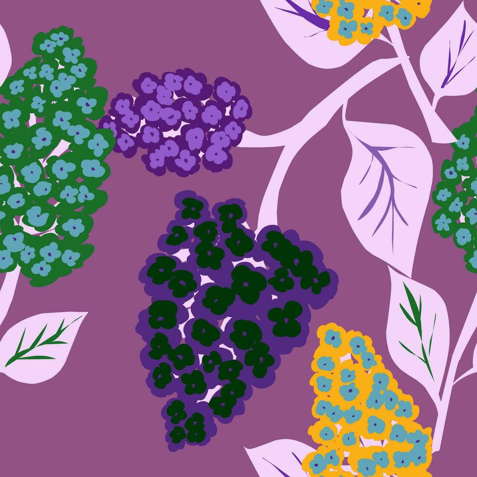 a purple and green background with flowers and leaves vector