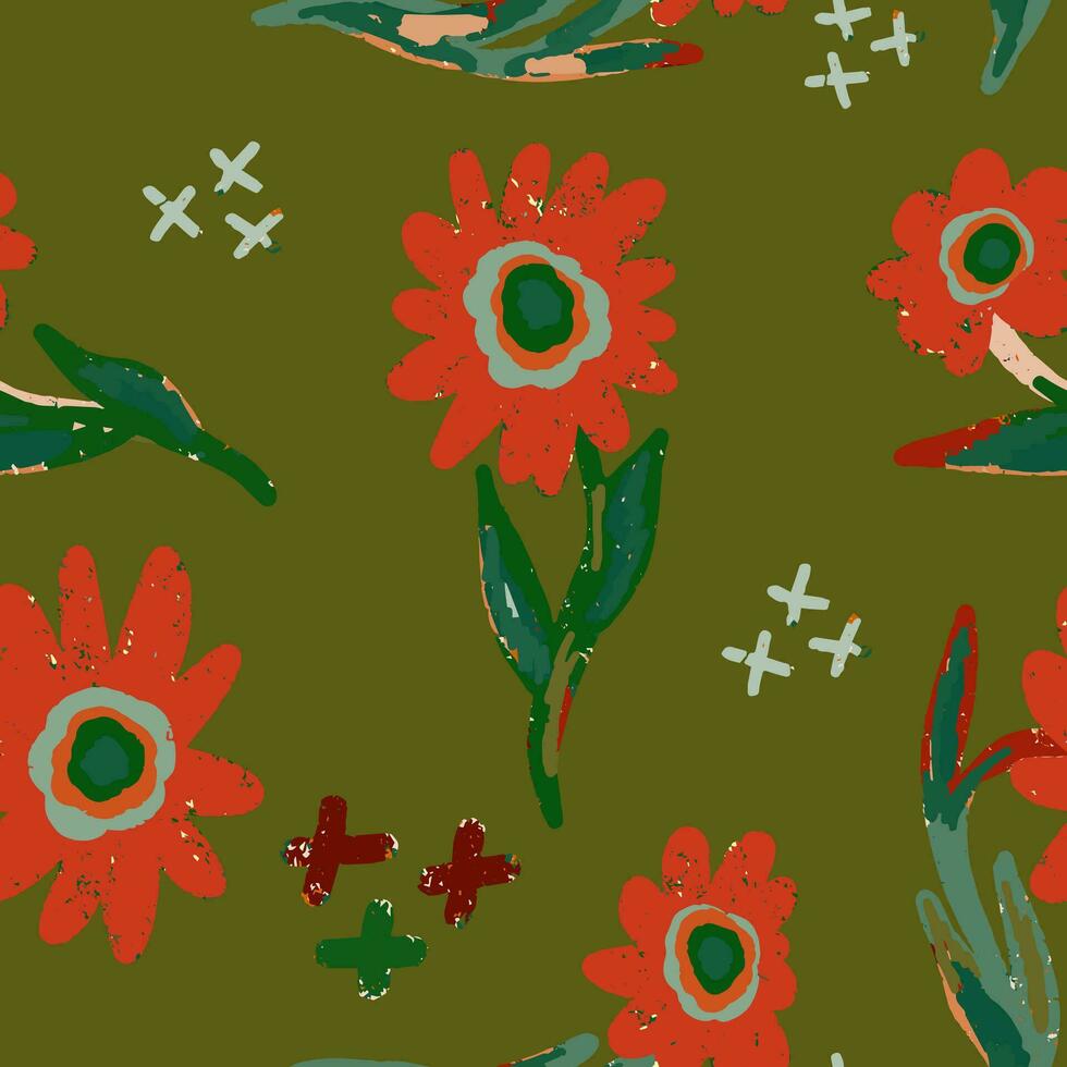a pattern with red flowers and crosses on a green background vector