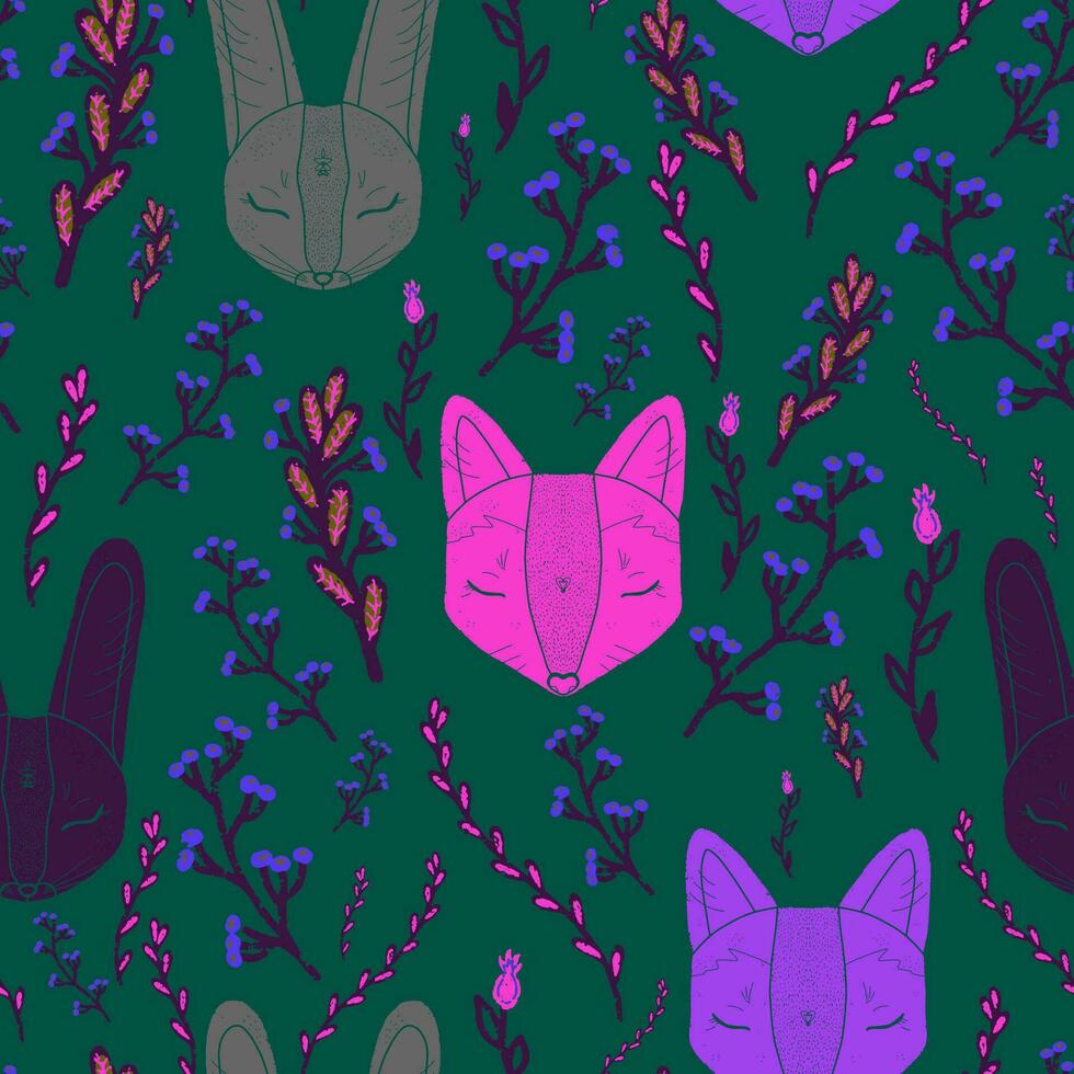 a pattern with cats and flowers on a green background vector