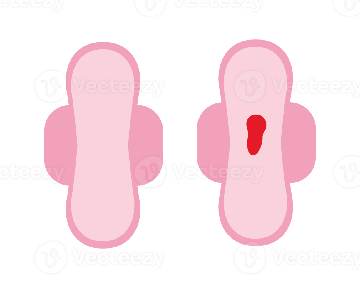 dagligen sanitär vaddera med patologi eller menstruation blod och rena ikon uppsättning. kvinna blod strömma förlust på servett. platt design feminin hygien begrepp illustration. png