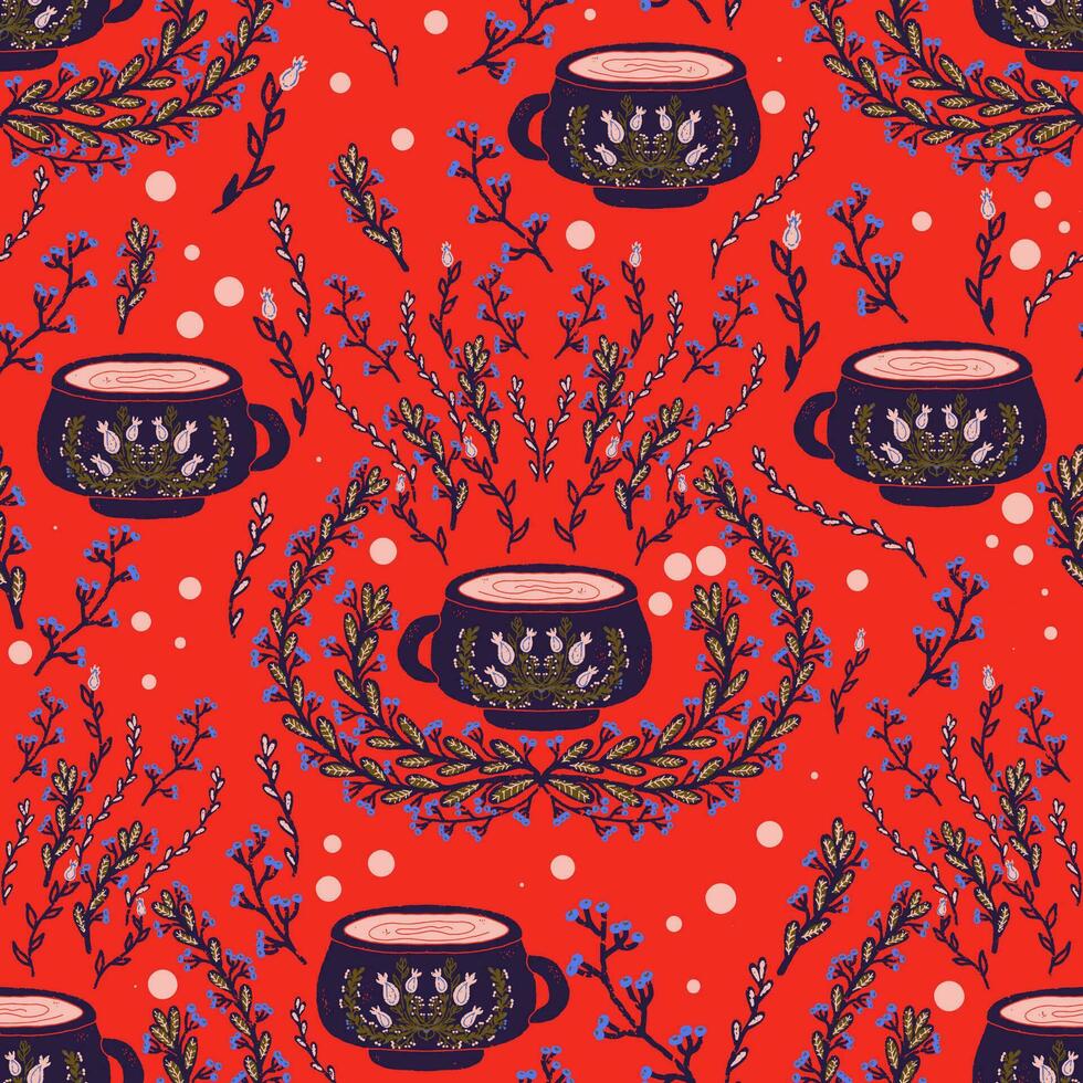 a pattern with tea cups and flowers on a red background vector