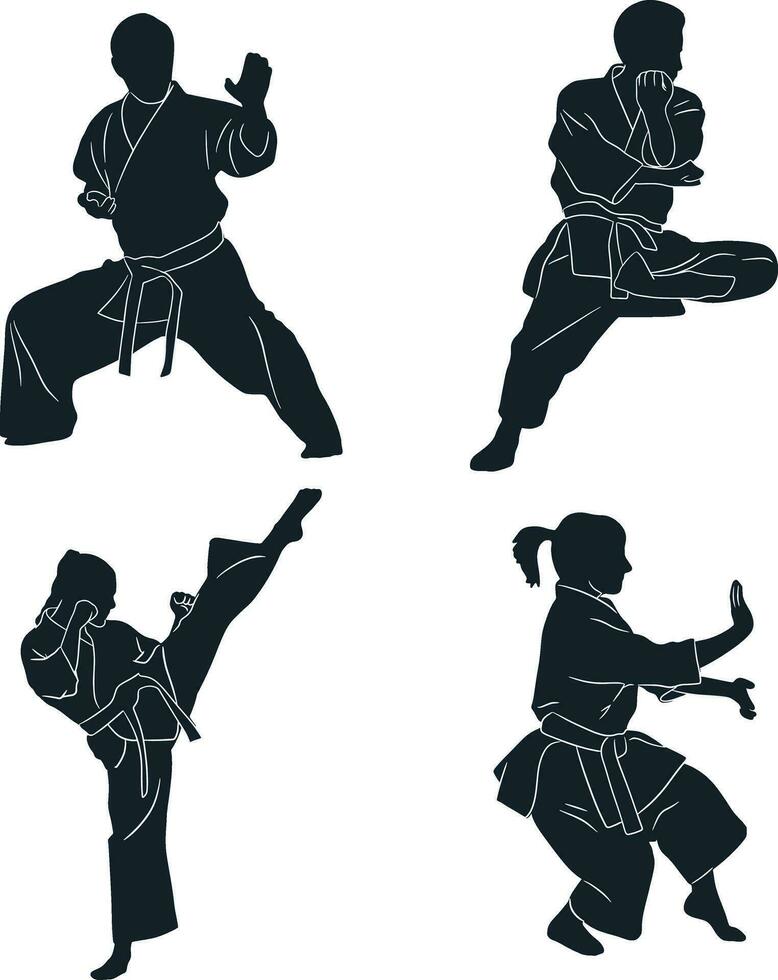 Karate Fighter Silhouette With Flat Design. Vector Illustration Set.