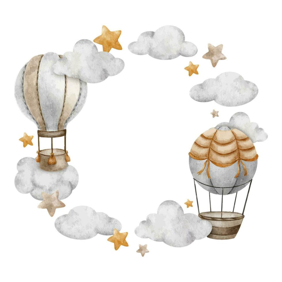 Beige Hot Air Balloons, clouds and stars. Cute baby aircraft. Children's background. Watercolor round frame. Isolated. Design for kid's goods, postcards, baby shower and children's room vector