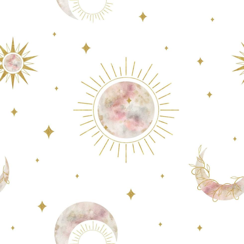 Crescent moon, stars and sun. Watercolor seamless pattern. Various phases of moon. Esoteric signs and symbols. Isolated. Minimalistic print for design, print, fabric or background. vector