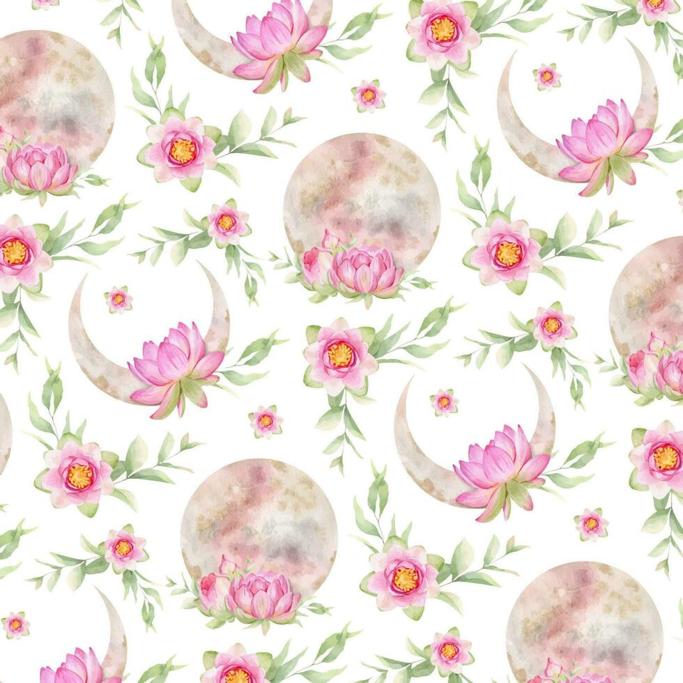 Pink lotus,sun and pink moon. Floral moon. Watercolor seamless pattern. Esoteric signs and symbols. Isolated. Print for design, print, fabric or background. vector