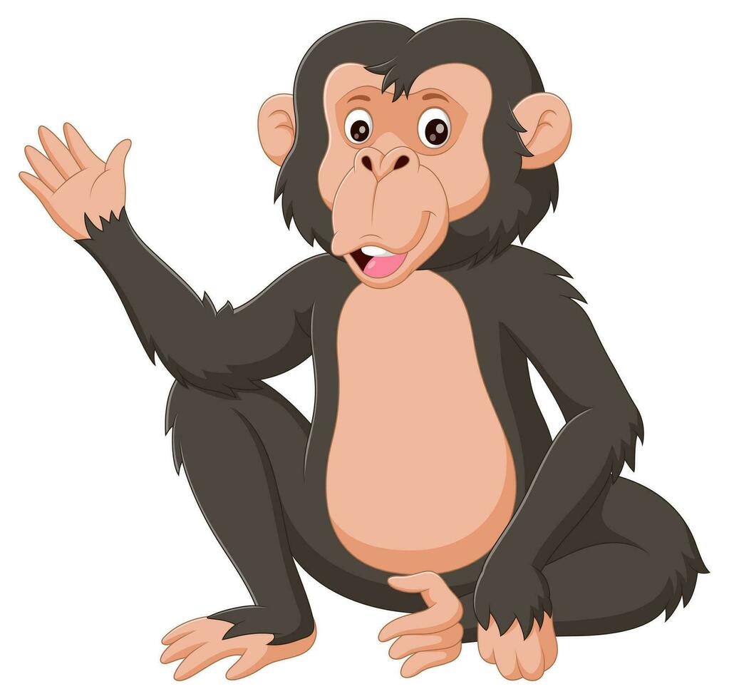 Cartoon chimpanzee waving hand isolated on white backround. Vector illustration