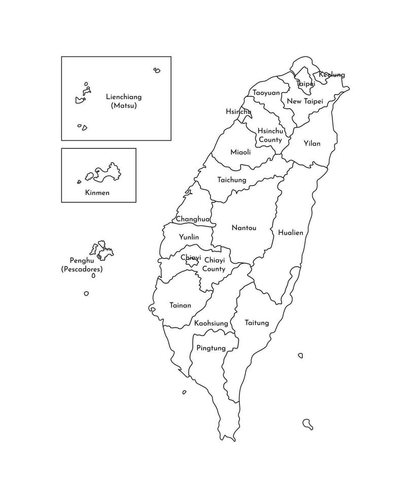 vector aislado ilustración de simplificado administrativo mapa de Taiwán, república de China roca. fronteras y nombres de el regiones. negro línea siluetas