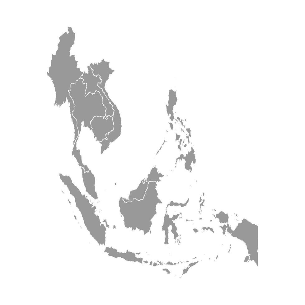 Vector illustration with simplified map of Asian countries. South East region. States borders of Myanmar, Laos, Indonesia, Vietnam, Cambodia, Malaysia, Thailand. Grey silhouette. White background