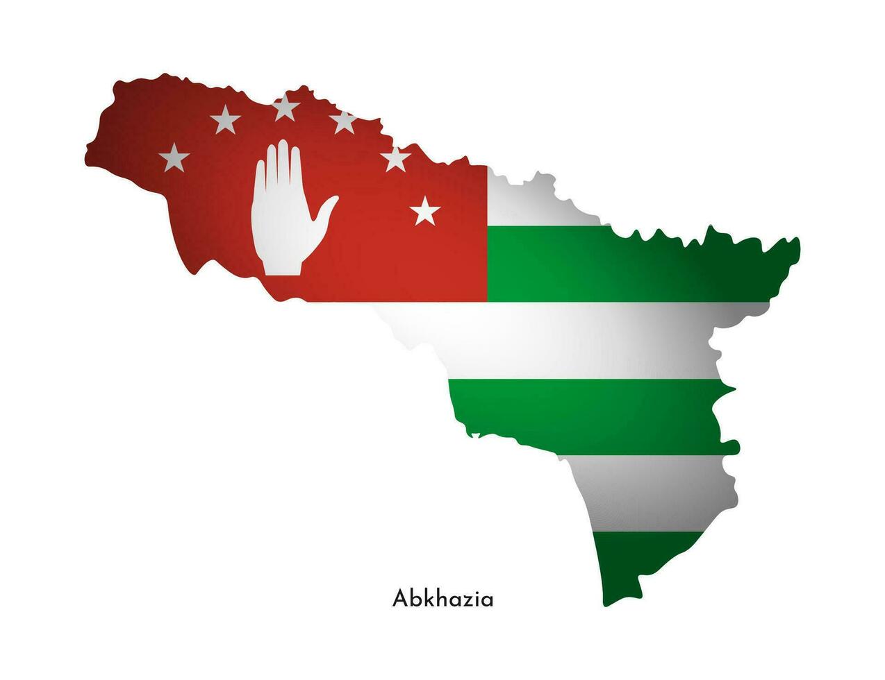 Vector illustration with abkhazian national flag with shape of Abkhazia map simplified. Volume shadow on the map.