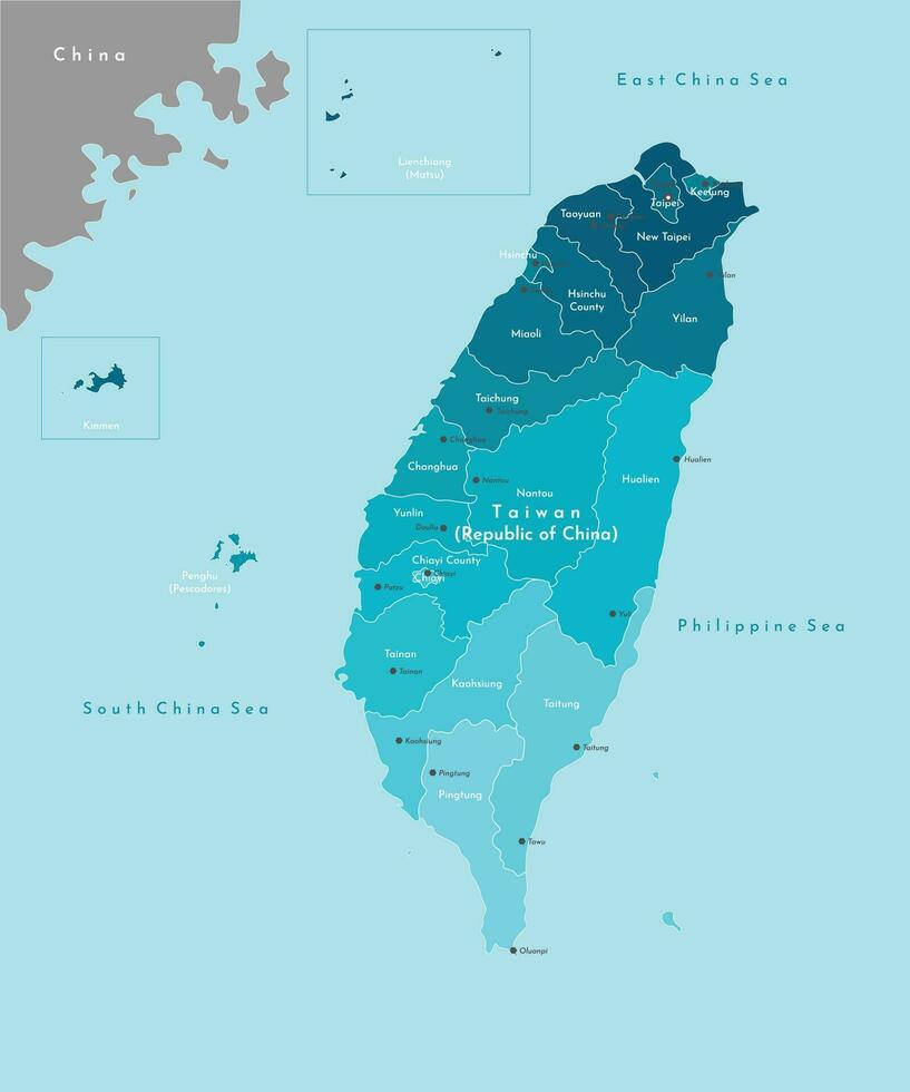 vector moderno ilustración. simplificado geográfico mapa de Taiwán, república de China y más cercano áreas azul antecedentes de mares nombres de taiwanés ciudades y provincias