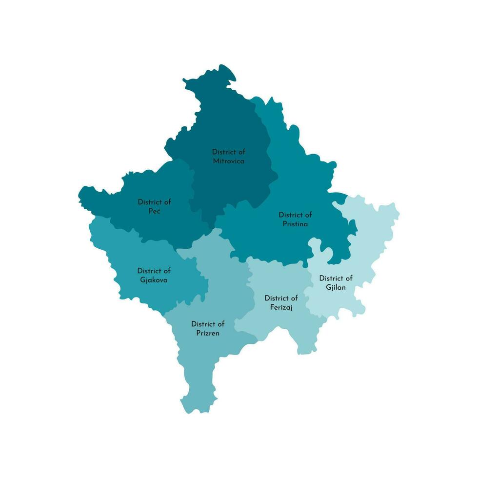 Vector isolated illustration of simplified administrative map of Kosovo. Borders and names of the districts. Colorful blue khaki silhouettes